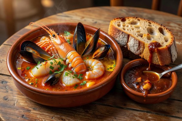 Rich seafood sauce and sourdough bread ready for sauce mopping