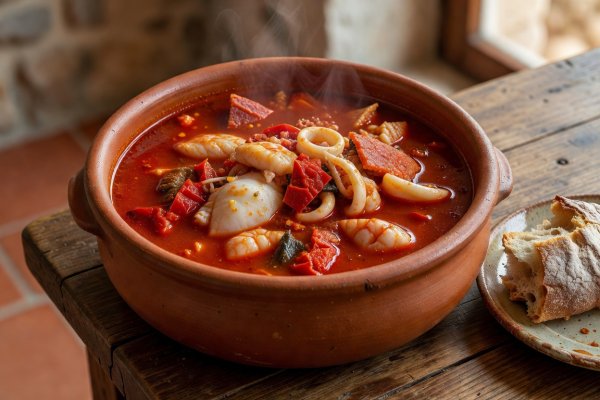 Rich Adriatic fish broth cooked with tomatoes and vinegar in deep terracotta vessel