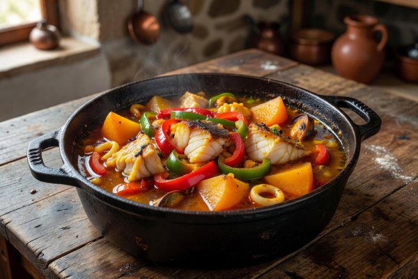 Rustic Portuguese caldeirada fish stew with potatoes and peppers in cast iron pot