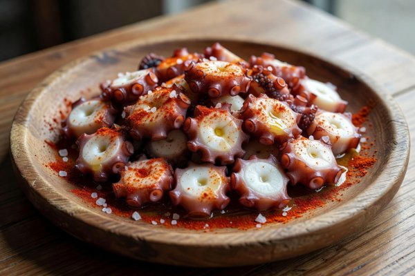 Tender sliced Galician octopus served on traditional round wooden plate with paprika and sea salt