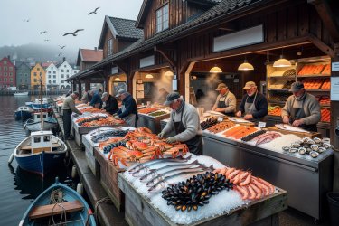 Fisketorget outdoor and indoor seafood counters at Bergen harbour Norway