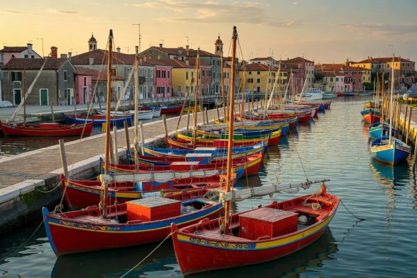 Canals and bragozzi fishing boats lined up in Chioggia southern Venetian lagoon