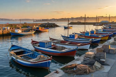 Harbour docks and wooden fishing skiffs in Matosinhos near Porto Portugal