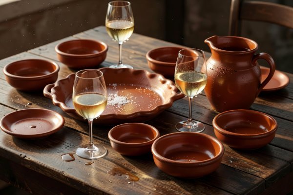 Traditional terracotta tableware and chilled white wine glasses on a rustic wooden table